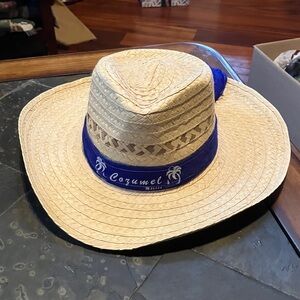 Women's Authentic Mexican Straw Brimmed Hat with Blue Band Cozumel Mexico